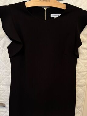 Calvin Klein Simple Black Dress, 10P, scalloped cap sleeves, like new
